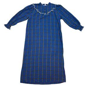 Vintage The Woolrich Woman Cottagecore Blue Plaid Flannel Nightgown Ruffle Trim